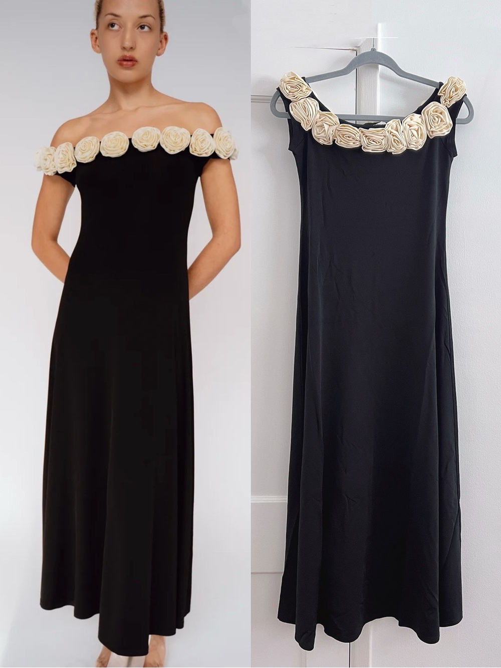 MR.LARKIN gabby dress in black/ivory Off Shoulder Long Gown Dress, S M L